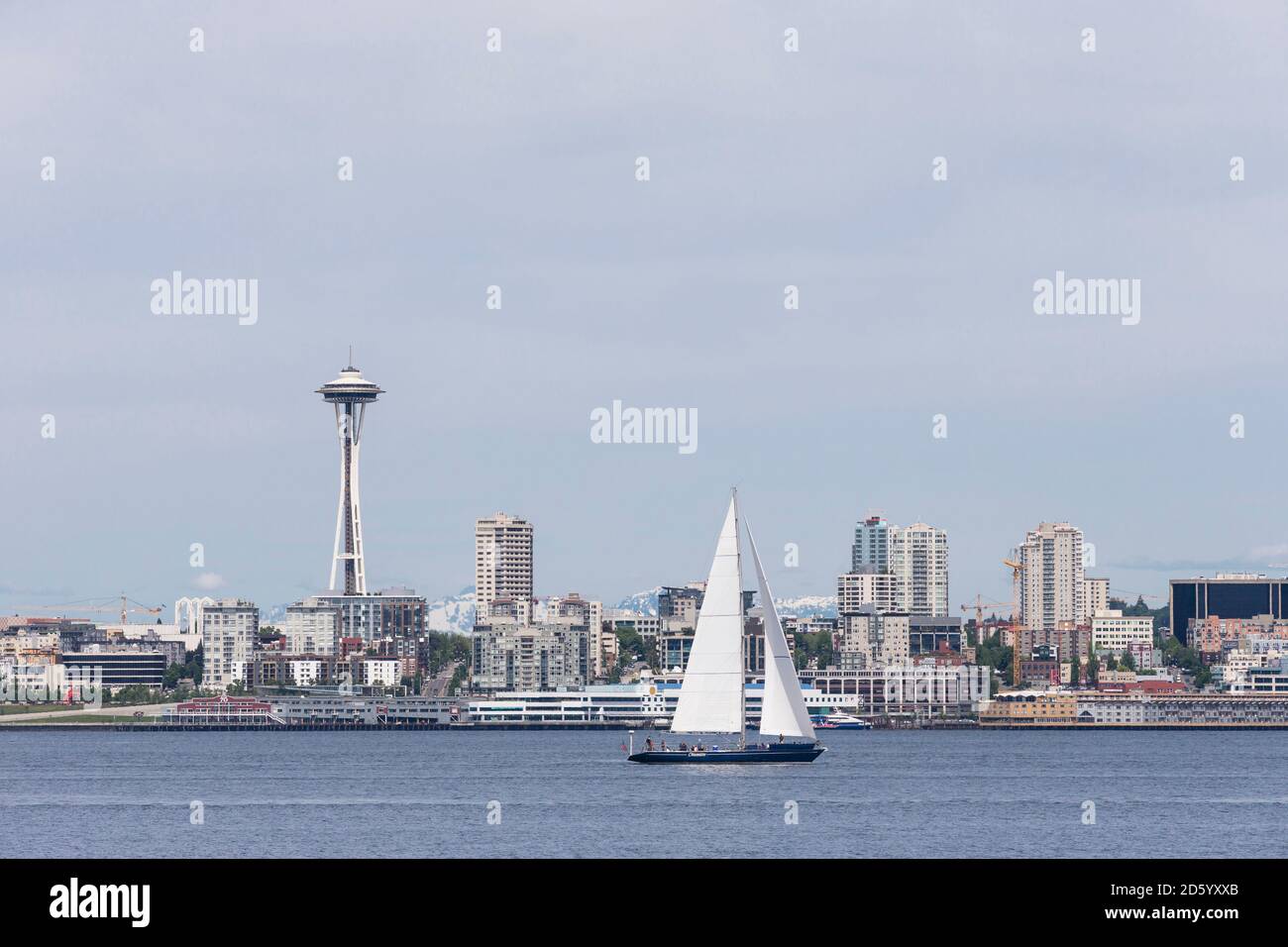 USA, Washington State, Puget Sound and skyline of Seattle with Space Needle Stock Photo