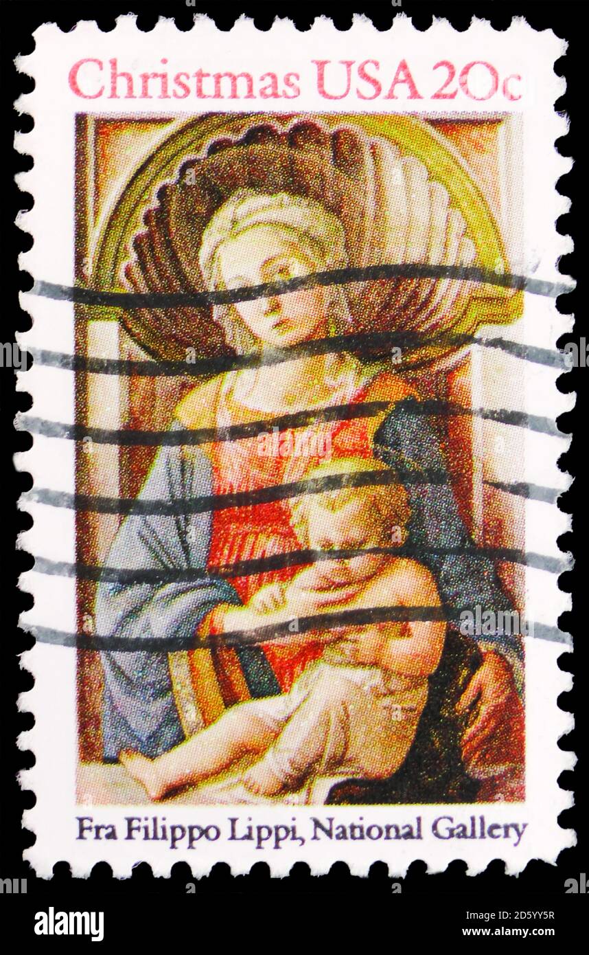 MOSCOW, RUSSIA - SEPTEMBER 30, 2020: Postage stamp printed in United States shows Madonna and Child by Fra Filippo Lippi, Christmas serie, circa 1984 Stock Photo