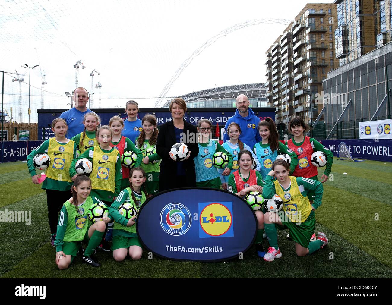 Kelly Simmonds takes part in a FA Skills training session sponsored by Lidl for Intentional Women's day at Wembley Stadium On the eve of International Womenâ€™s Day, Kelly Simmons MBE (Director of Football Participation and Development at The FA) visited a girls only FA Lidl Skills session in London to celebrate the programmeâ€™s 91% increase in girlsâ€™ participation during Lidlâ€™s partnership. Find out more at Lidl.co.uk/football Stock Photo