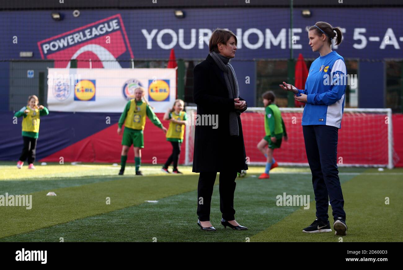 Kelly Simmonds takes part in a FA Skills training session sponsored by Lidl for Intentional Women's day at Wembley Stadium On the eve of International Womenâ€™s Day, Kelly Simmons MBE (Director of Football Participation and Development at The FA) visited a girls only FA Lidl Skills session in London to celebrate the programmeâ€™s 91% increase in girlsâ€™ participation during Lidlâ€™s partnership. Find out more at Lidl.co.uk/football Stock Photo