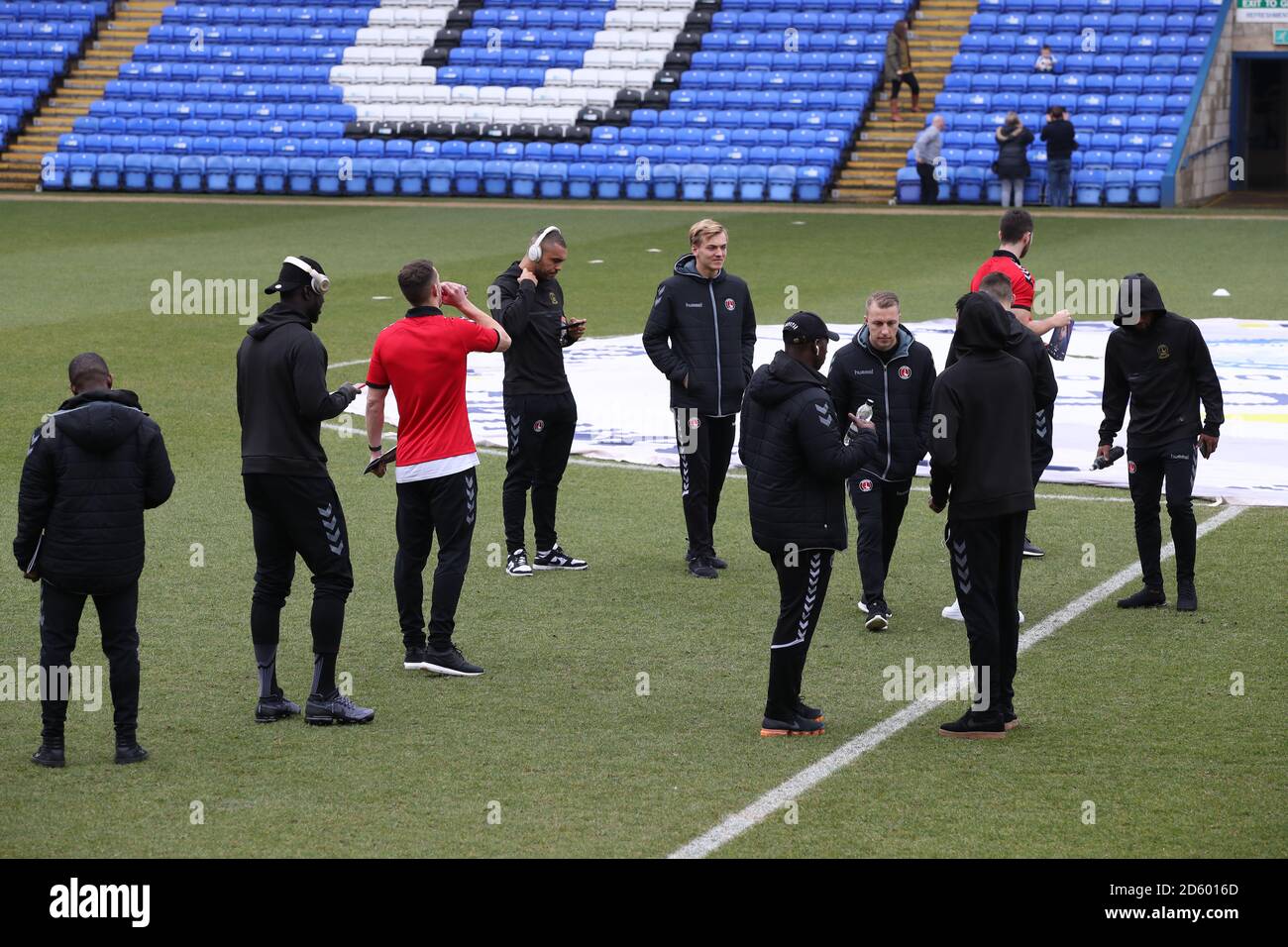 Charlton Athletic players on the pitch as they arrive at Peterborough