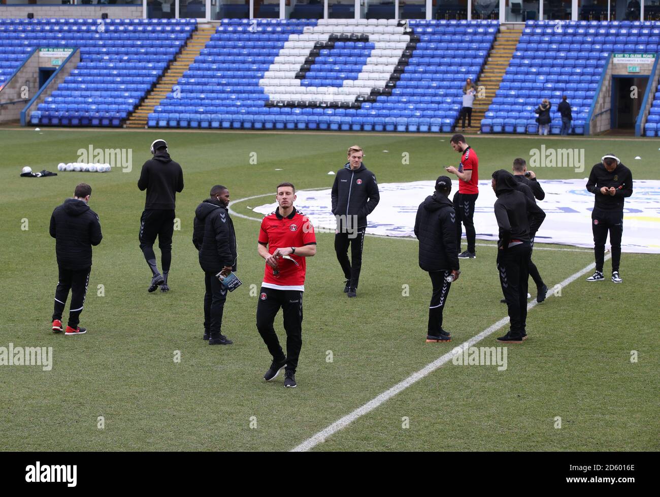 Charlton Athletic players on the pitch as they arrive at Peterborough