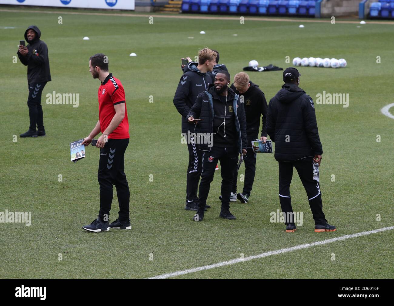 Charlton Athletic players on the pitch as they arrive at Peterborough