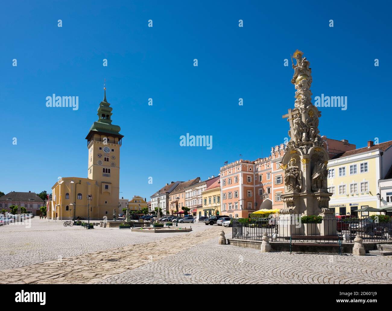 Austria, Lower Austria, Main Square, Townhall and Trinity Column Stock Photo