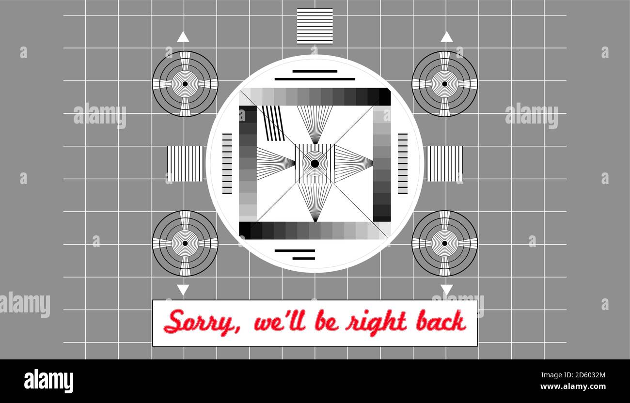 vintage test pattern from the fifties, with caption we'll be right back, offline, website down error sign,fictional vector art Stock Vector