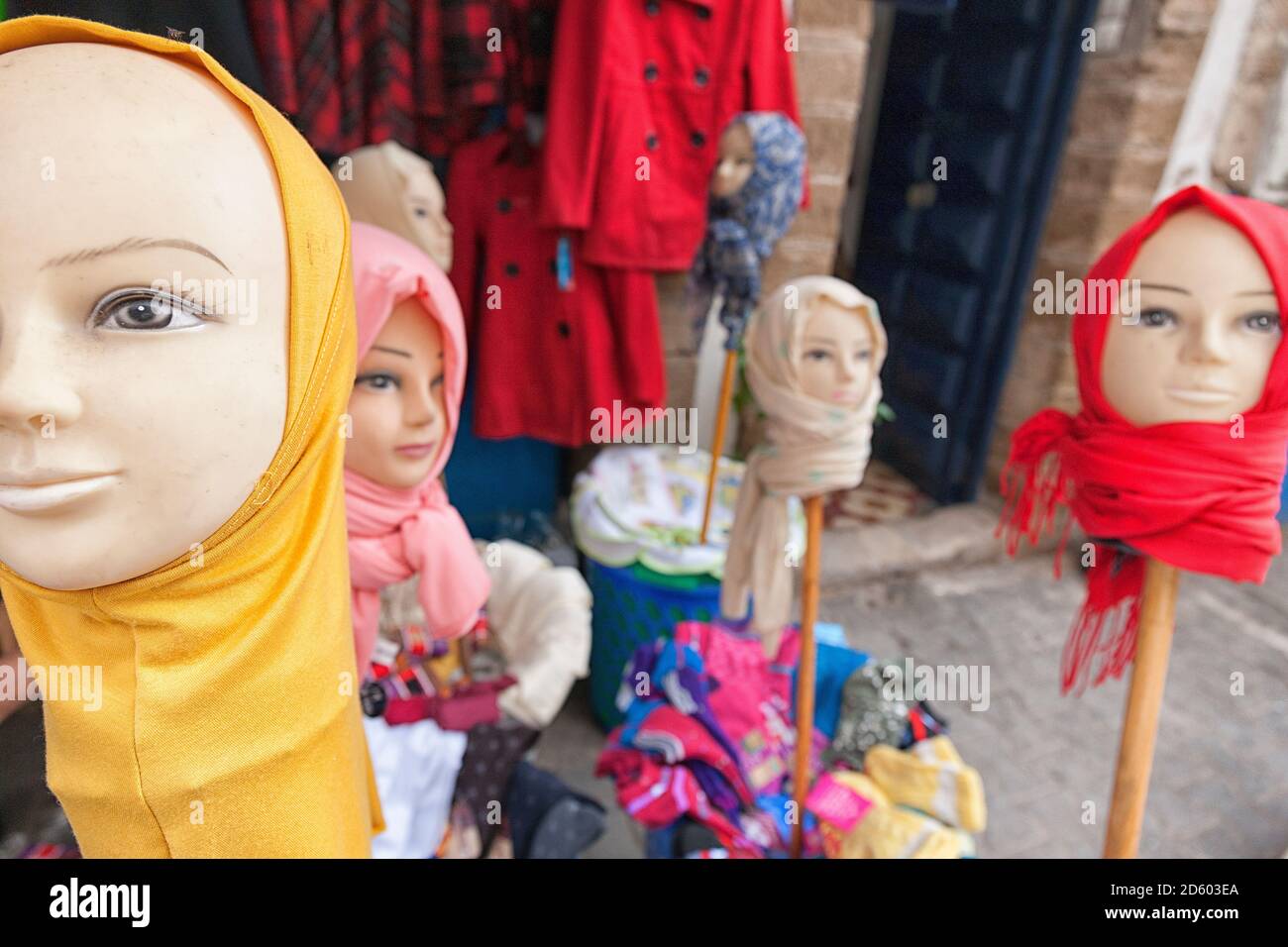 Morocco, Essaouira, Muslim headscarfs shop Stock Photo