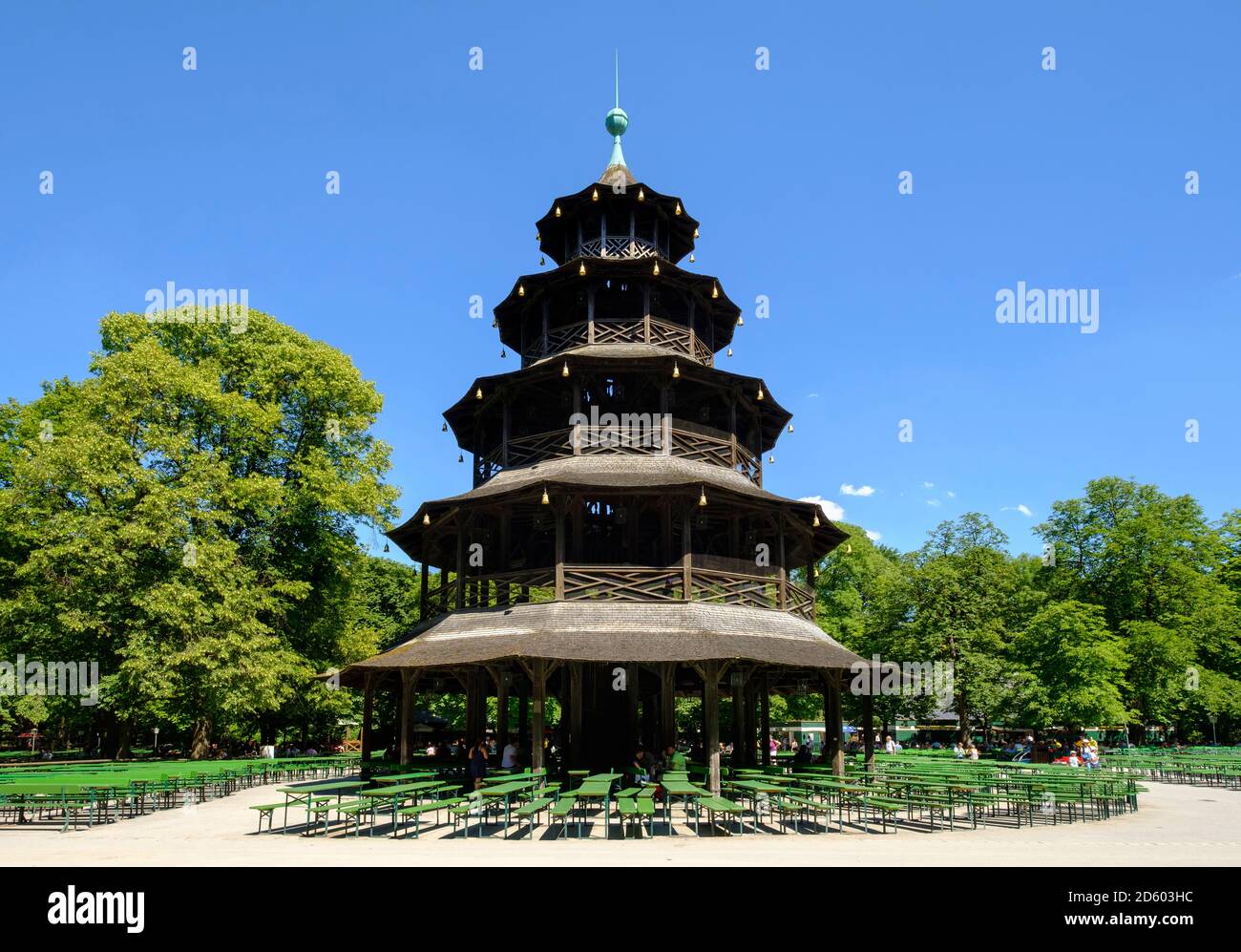 Germany, Munich, English Garden, Chinese Tower and beer garden Stock Photo