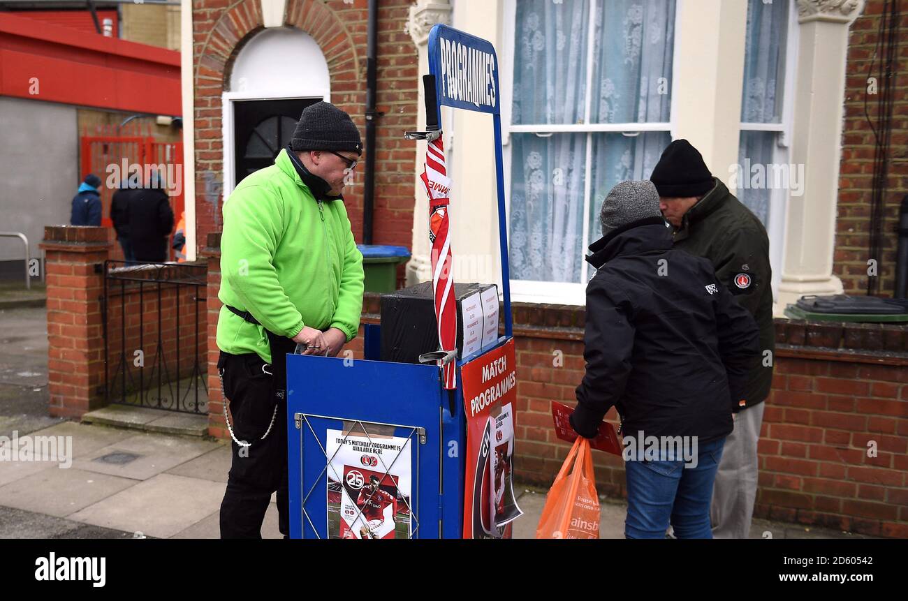 Programme Seller Programme seller outside The Valley Stadium Stock Photo - Alamy