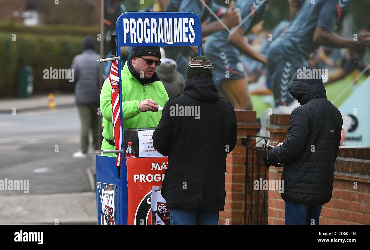 Programme Seller Programme seller outside The Valley Stadium Stock Photo - Alamy