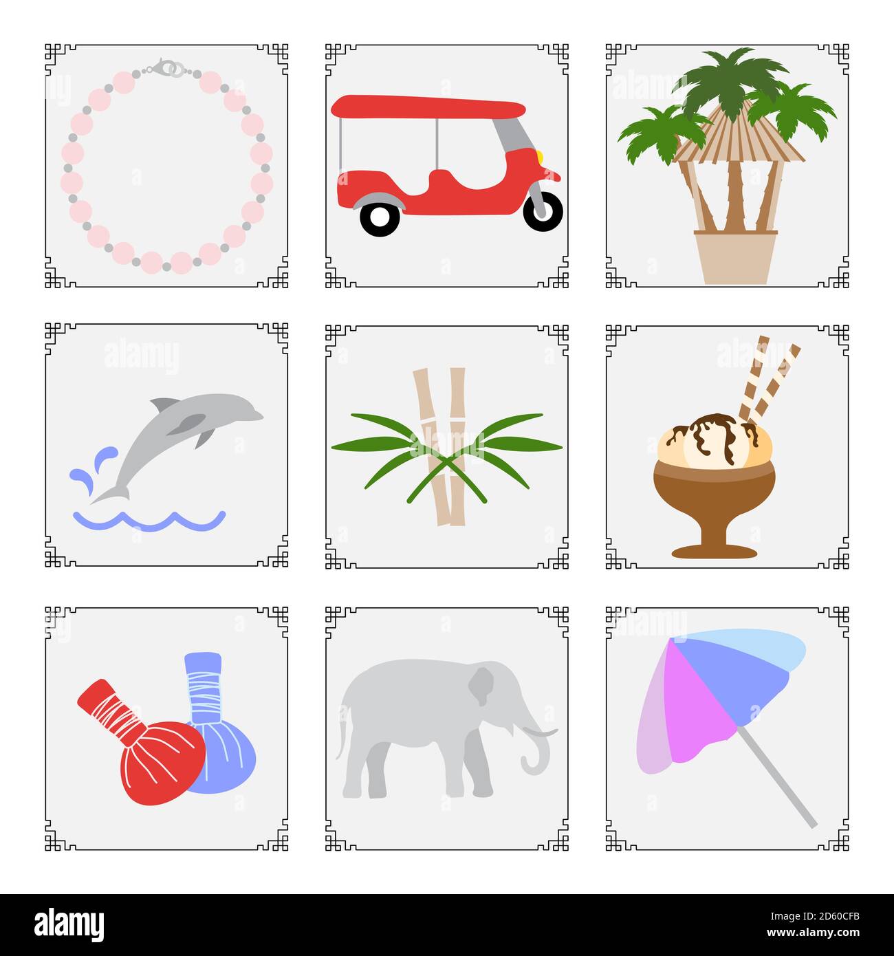 Thailand symbols set Vector illustration Pearl necklace, tuk-tuk, palm ...