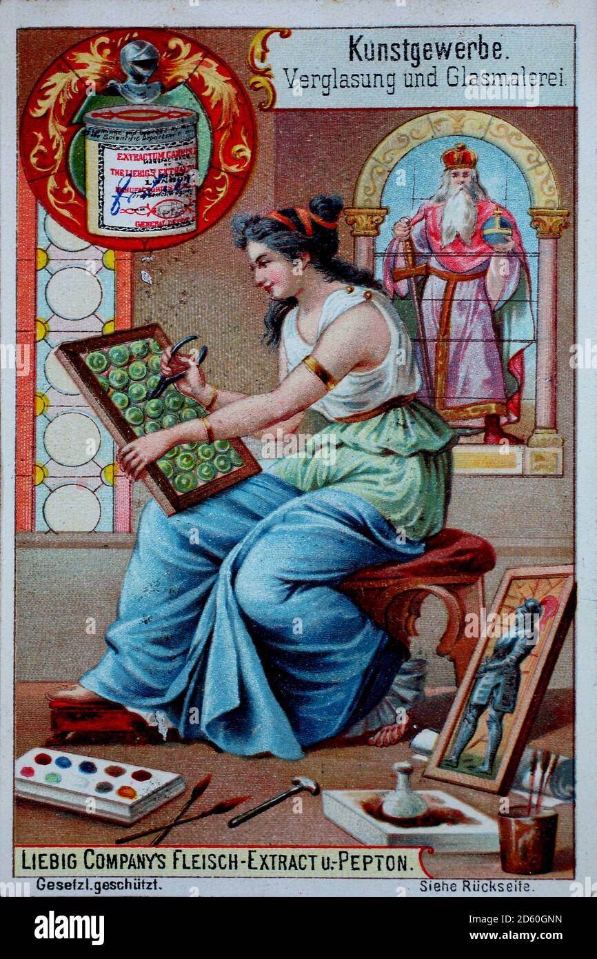 Picture series of Decorative Arts, glaziers, glass and stained glass, woman as a glass painter  /  Bilderserie Kunstgewerbe, Glaser, Verglasung und Glasmalerei, Frau als Glasmalerin, Liebigbild, digital improved reproduction of a collectible image from the Liebig company, estimated from 1900, pd  /  digital verbesserte Reproduktion eines Sammelbildes von ca 1900, gemeinfrei Stock Photo