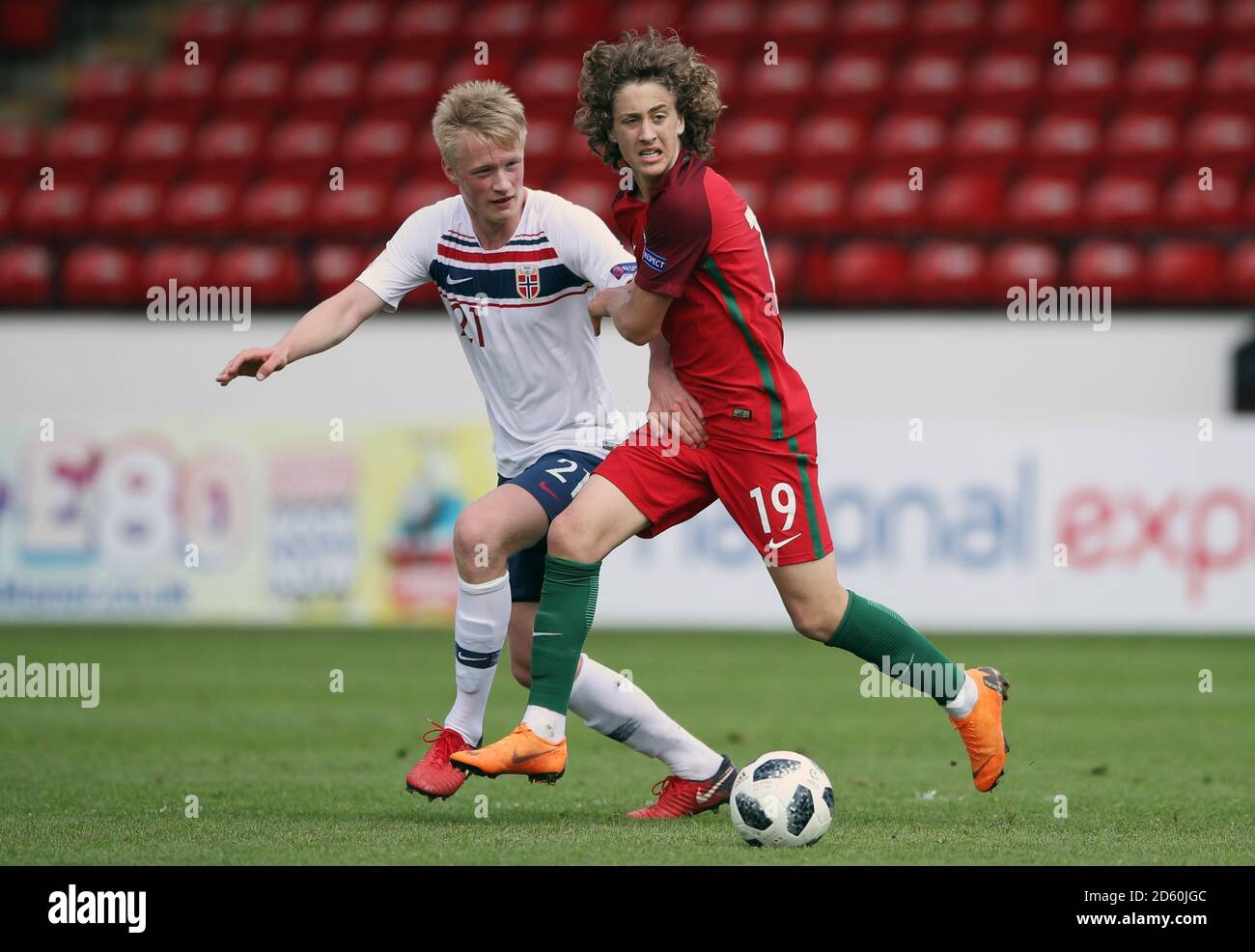 Portugal U17's Fabio Silva holds off challenge from Norway U17's Jonathan Lein Valberg Stock Photo