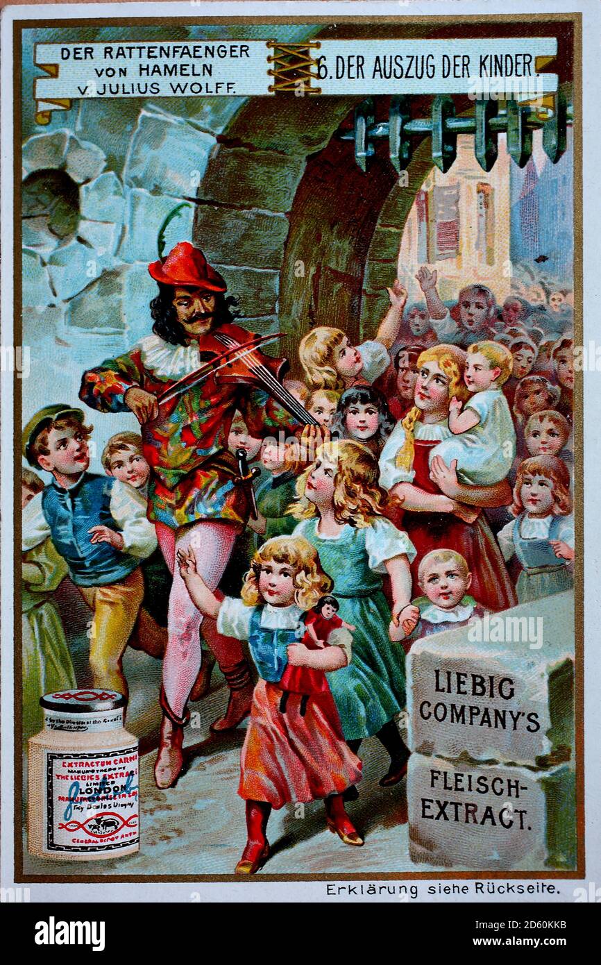 Picture series The Pied Piper of Hamelin, Rat-Catcher of Hamelin, the departure of the children  /  Bilderserie Der Rattenfänger von Hameln, der Auszug der Kinder, Liebigbild, digital improved reproduction of a collectible image from the Liebig company, estimated from 1900, pd  /  digital verbesserte Reproduktion eines Sammelbildes von ca 1900, gemeinfrei Stock Photo