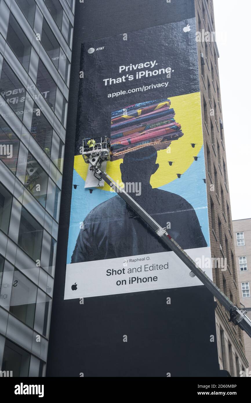 Iphone billboard tries to sell the concept of privacy as phone and social media companies are under fire for selling user data and violating privacy rights. 34th Street, New York City. Stock Photo