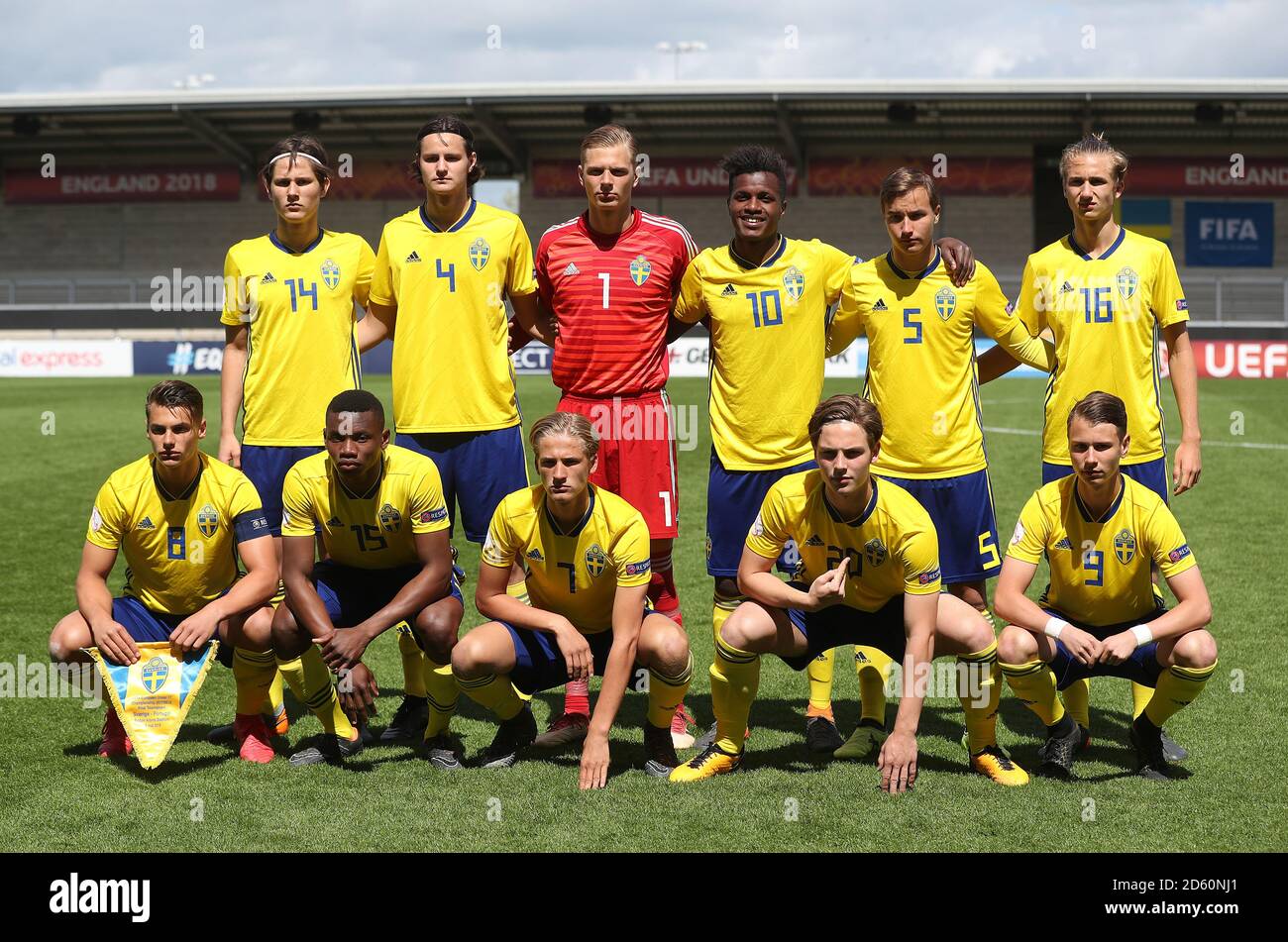 Top row, left to right, Sweden's Ramus Wikstrom, Helmer Andersson, Simon  Andersson, Manasse Kusu, Hampus Svensson and Benjamin Nygren. Front row,  left to right, Kevin Ackermann, Sylvin Kayembe, Fredrik Hammar, Samuel  Olsson