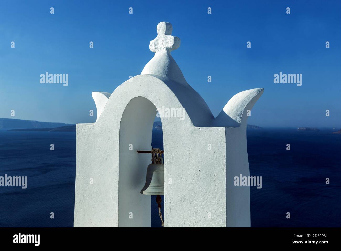 Santorini bell tower of Greece orthodox church above sea Greece Islands detail Stock Photo