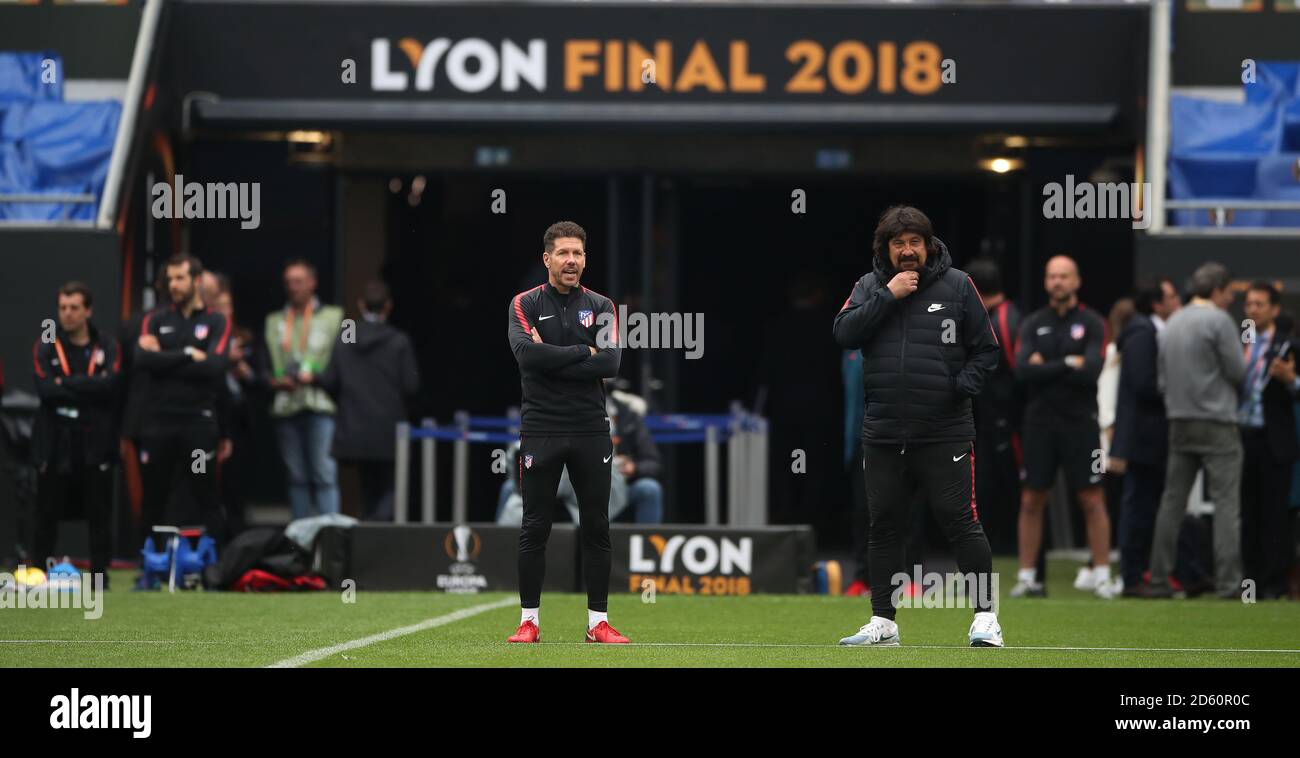 Atletico Madrid's Manager Diego Simeone with Atletico Madrid's assistant Manager German Burgos (right) watching training session ahead of Europa League Final  Stock Photo