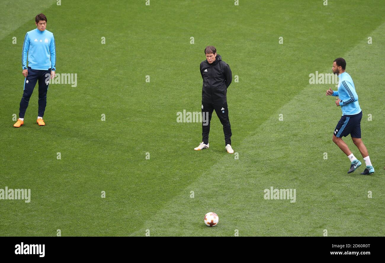 Marseille Manager Rudi Garci’a watches his players during training at Stade de Lyon ahead of Europa League Final in Lyon tomorrow  Stock Photo