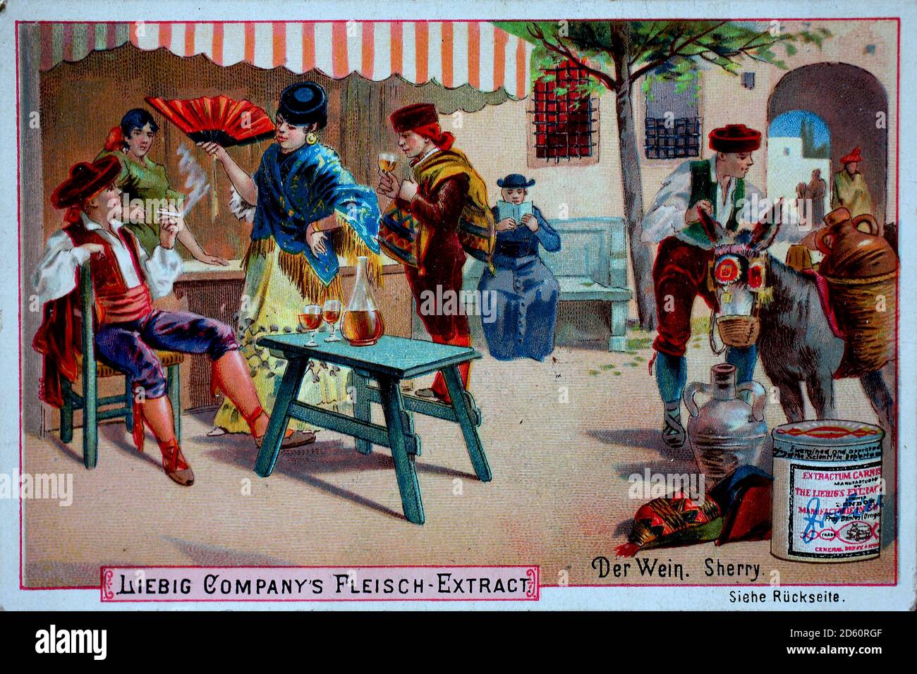 Picture series The wine, sherry from Spain  /  Bilderserie Der Wein, Sherry aus Spanien, Liebigbild, digital improved reproduction of a collectible image from the Liebig company, estimated from 1900, pd  /  digital verbesserte Reproduktion eines Sammelbildes von ca 1900, gemeinfrei Stock Photo