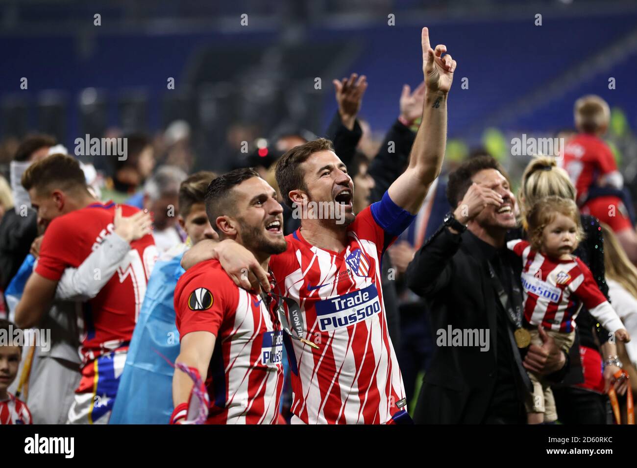 Atletico Madrid's Gabi (right) and Jorge Koke celebrate after Atletico Madrid win the UEFA Europa League Stock Photo
