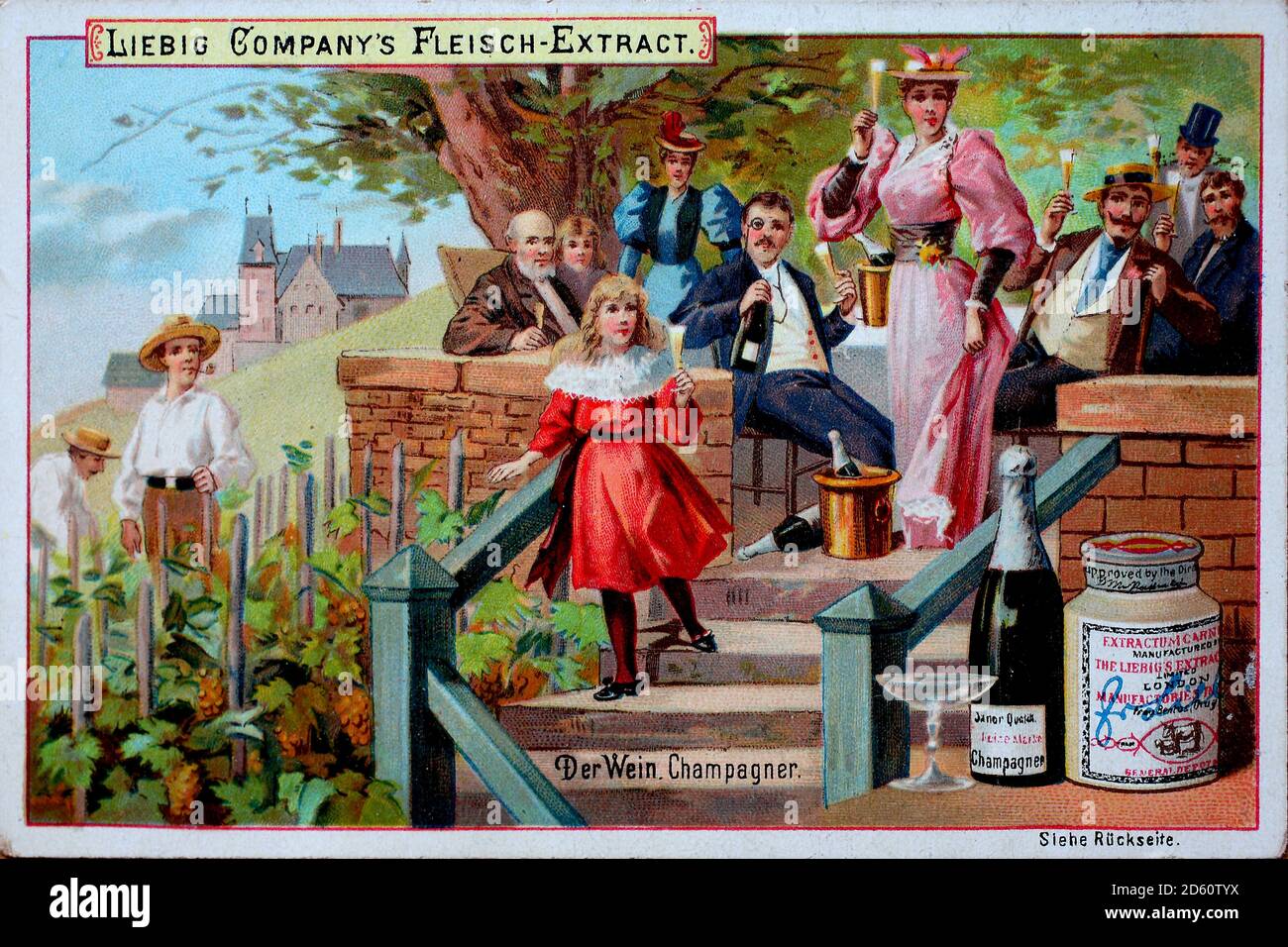 Photos Series Wine, champagne from France  /  Bilderserie Der Wein, Champagner aus Frankreich, Liebigbild, digital improved reproduction of a collectible image from the Liebig company, estimated from 1900, pd  /  digital verbesserte Reproduktion eines Sammelbildes von ca 1900, gemeinfrei Stock Photo