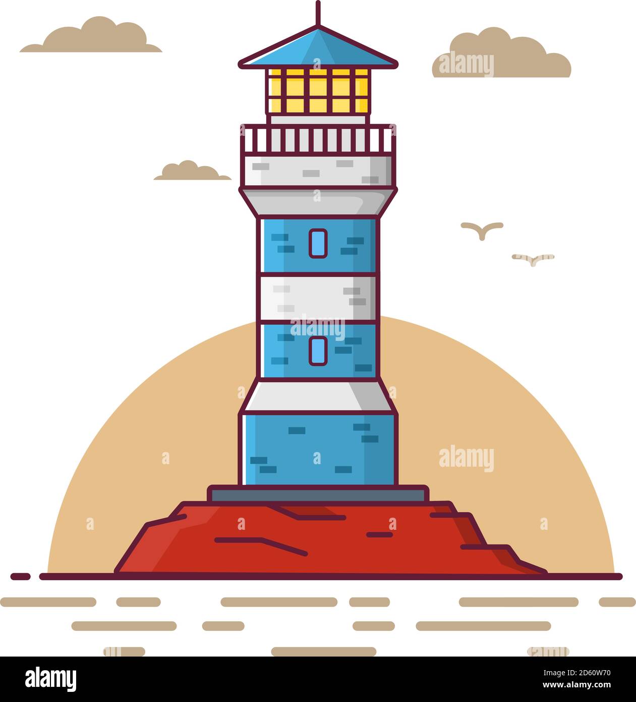 Lighthouse tower on a rock. Sea landscape with seagulls and clouds. Stock Vector