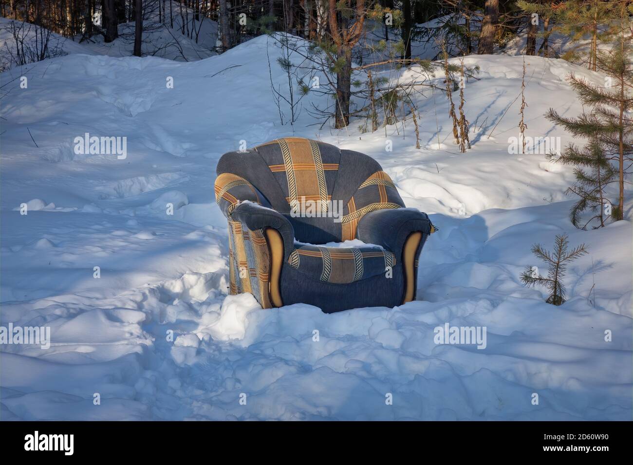 An easy chair stands in a snowy forest. Stock Photo