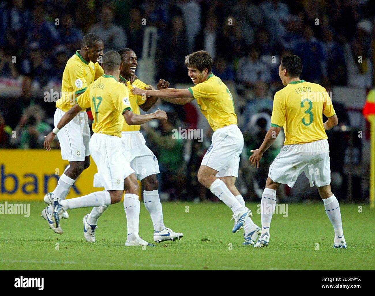 Brazil's Da Silva Gilberto (c) celebrates with team mates after scoring the third goal Stock Photo