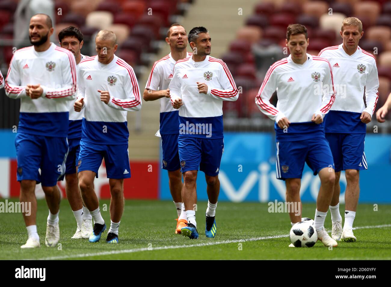 Russia's Aleksandr Samedov (centre) and team-mates during a training session inside the Luzhniki Stadium in Moscow Stock Photo