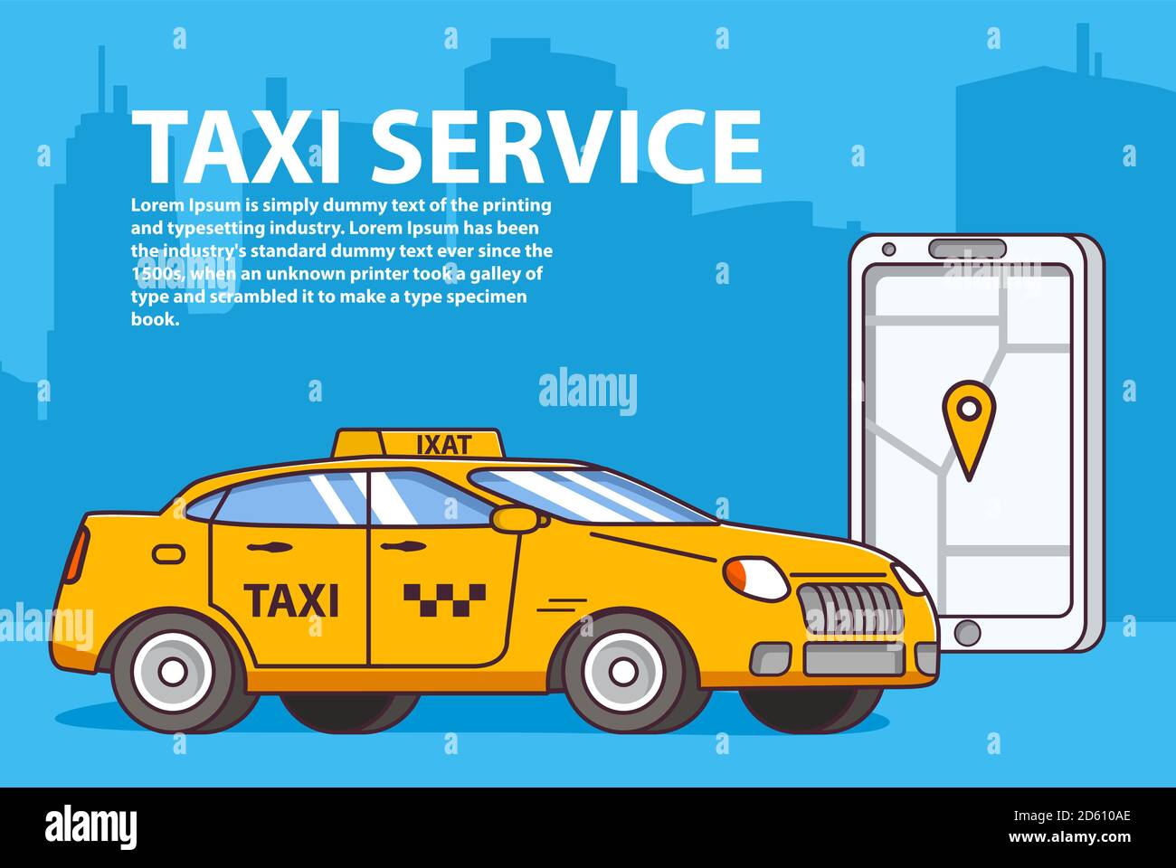 Taxi service order yellow car.Mobile app map smartphone Stock Vector