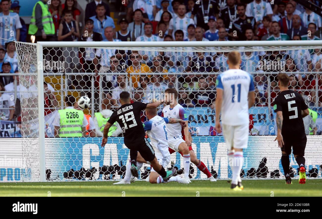 Argentina's Sergio Aguero scores his side's first goal of the game Stock Photo