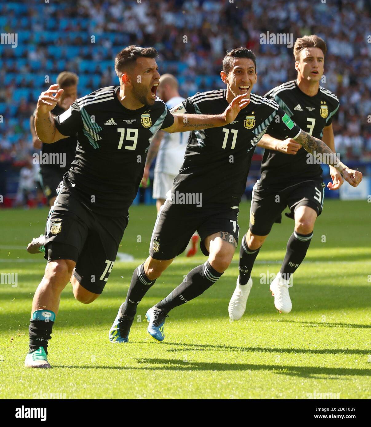 Argentina's Sergio Aguero (left) celebrates scoring his side's first goal of the game with team mate Argentina's Angel Di Maria Stock Photo