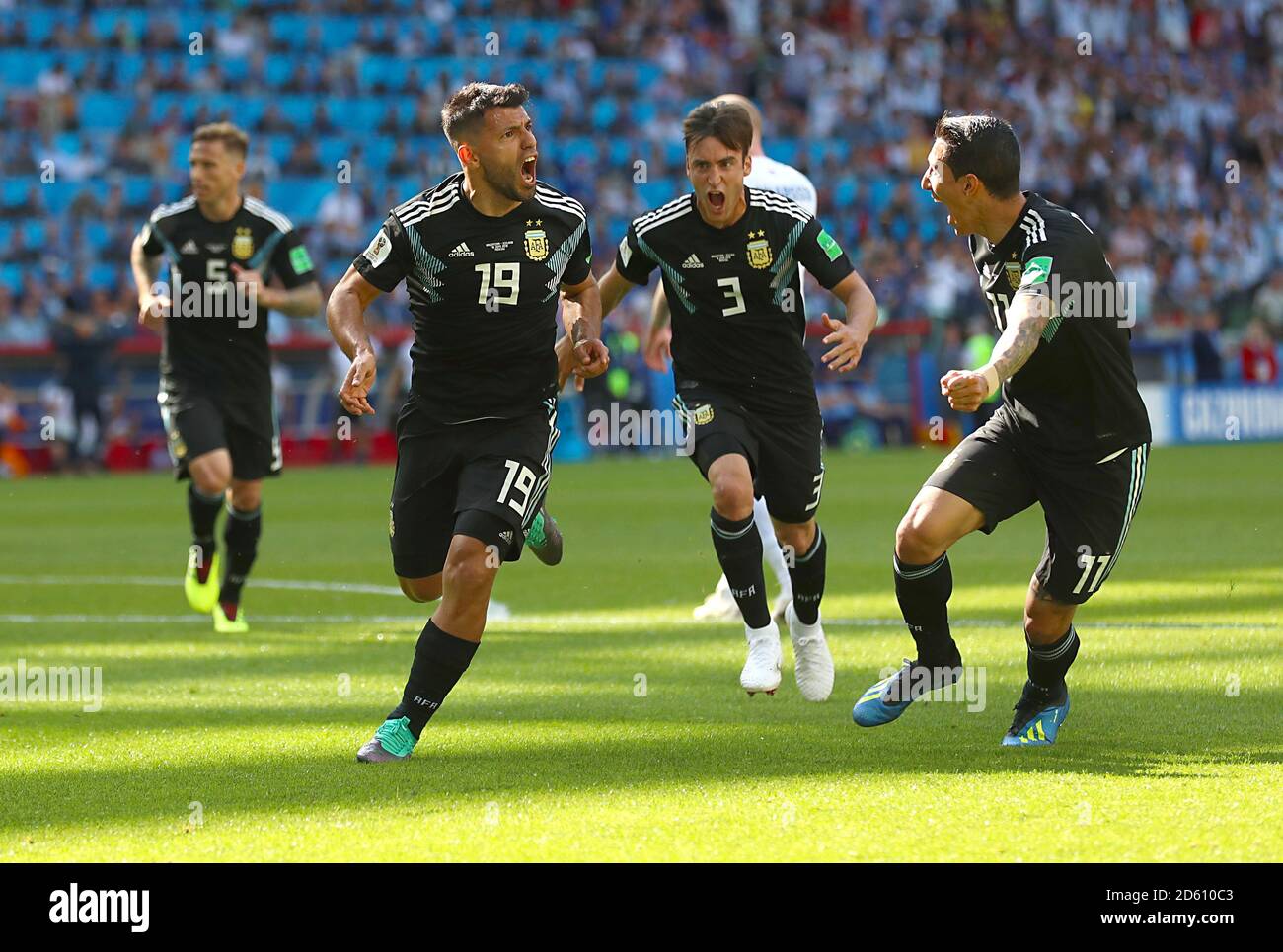 Argentina's Sergio Aguero (left) celebrates scoring his side's first goal of the game Stock Photo
