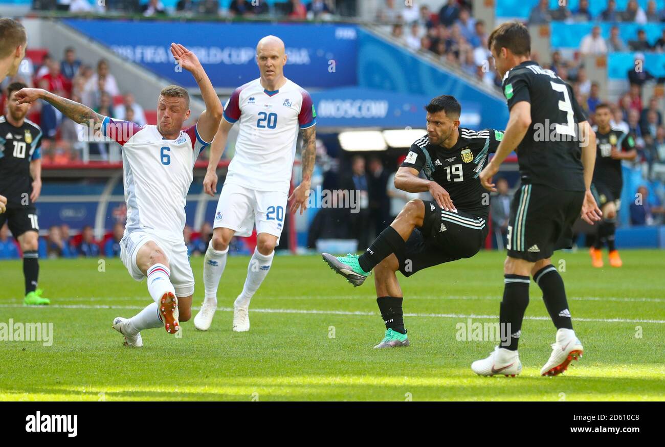 Argentina's Sergio Aguero scores his side's first goal of the game Stock Photo