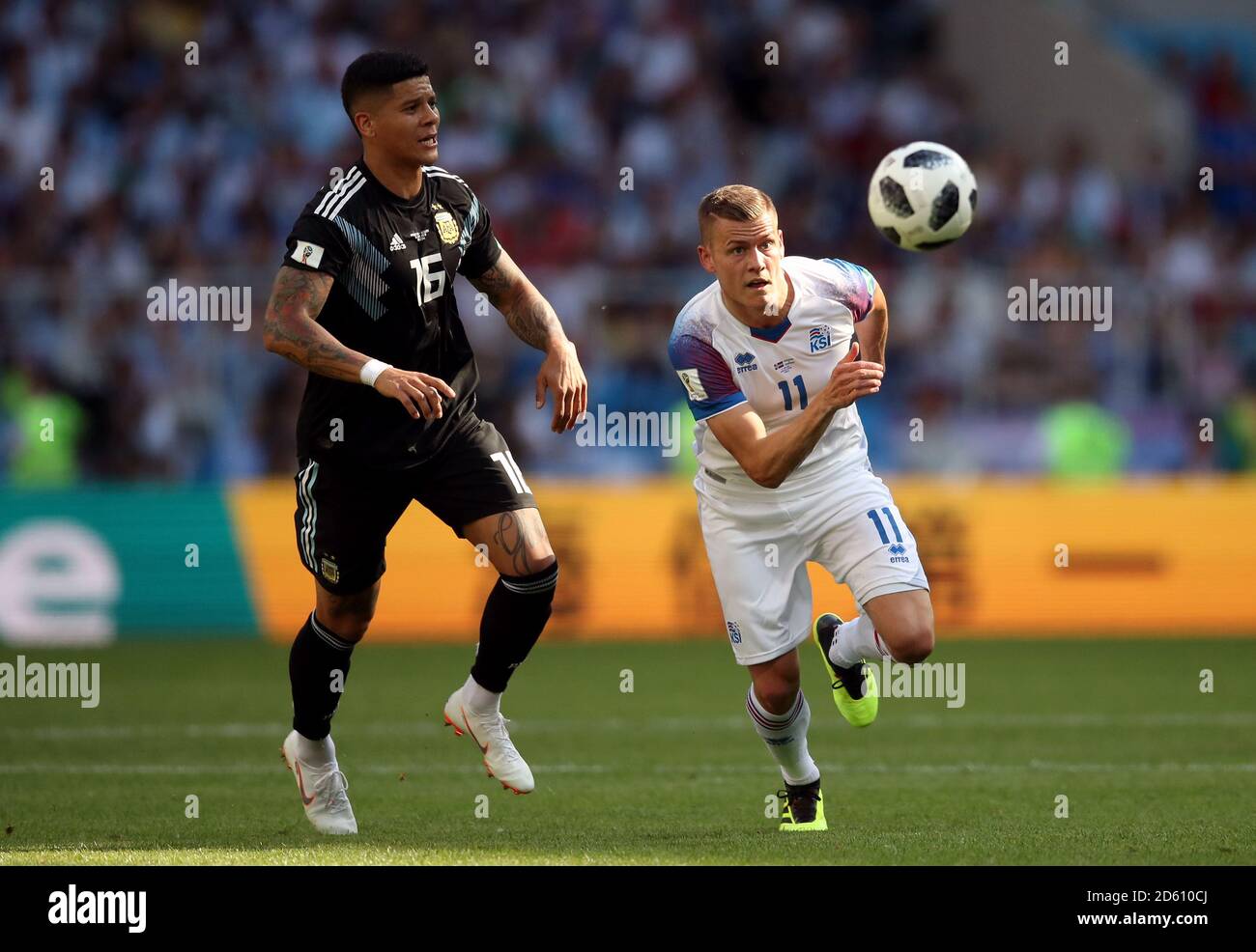 Argentina's Marcos Rojo (left) and Iceland's Alfred Finnbogason battle for the ball Stock Photo