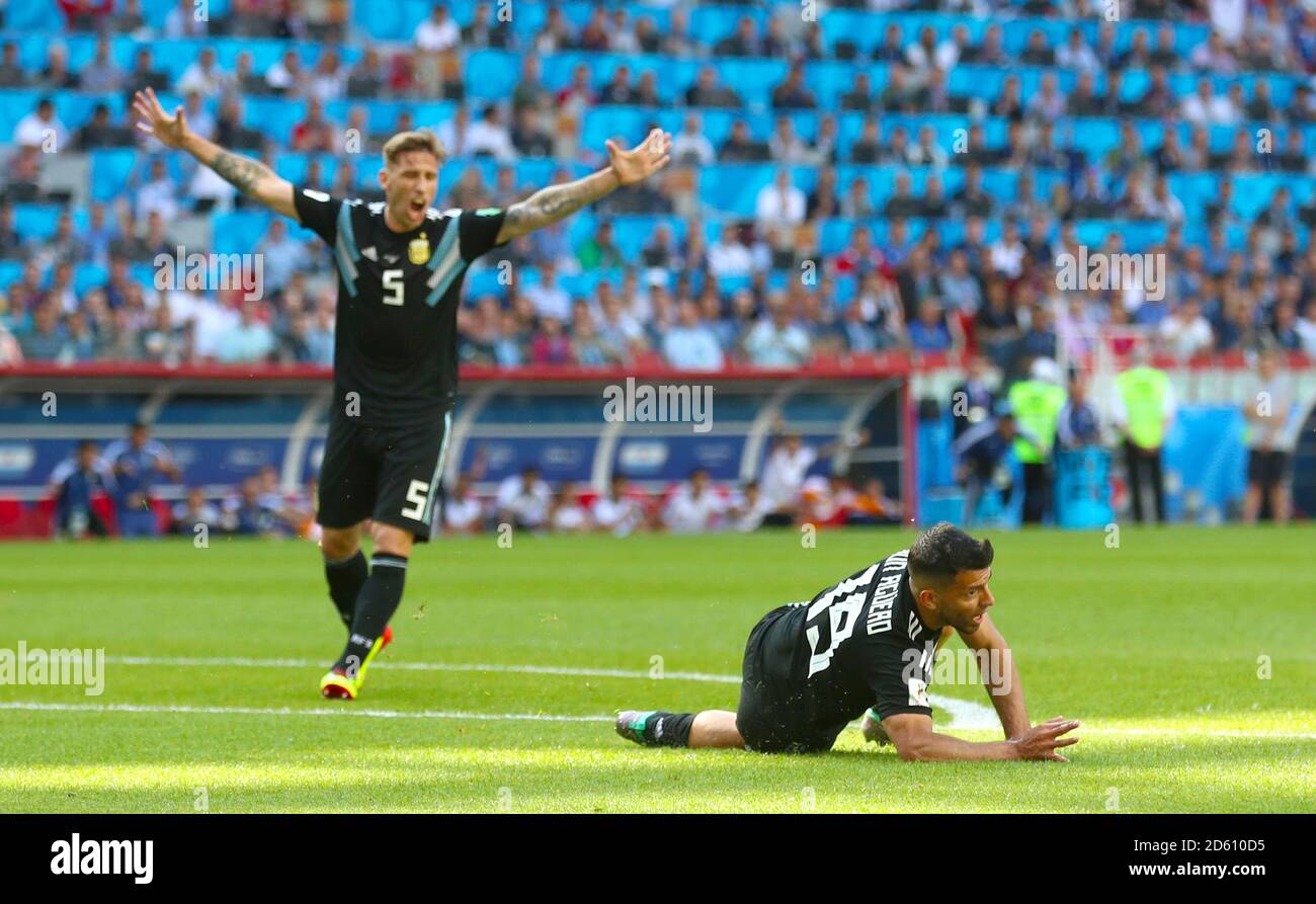 Argentina's Sergio Aguero (right) celebrates scoring his side's first goal of the game Stock Photo