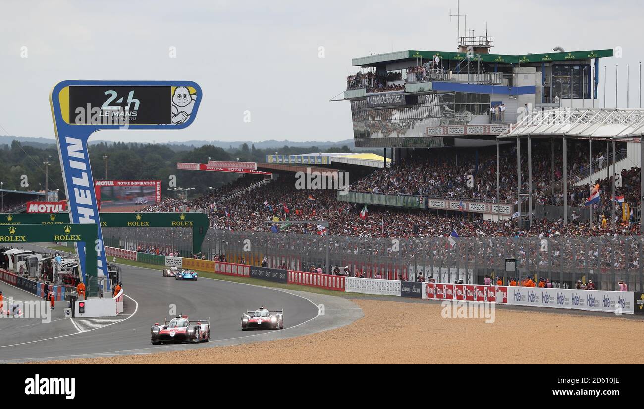 The two Toyota's lead off the start of the Le Mans 24 hour race Stock Photo