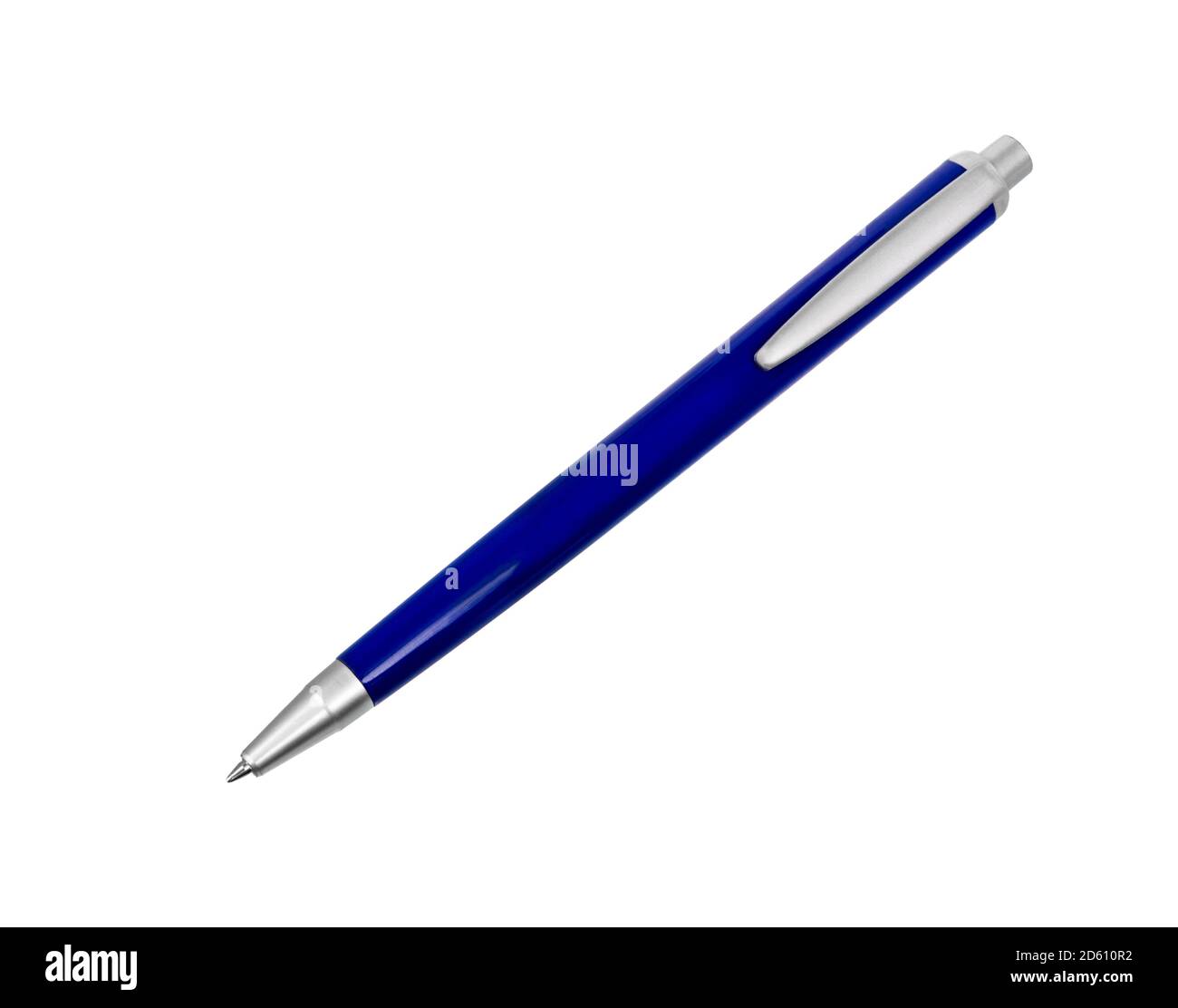Metal pen isolated on white background. Blue ballpoint pen cut out. Metallic disposable biro pen. Stock Photo