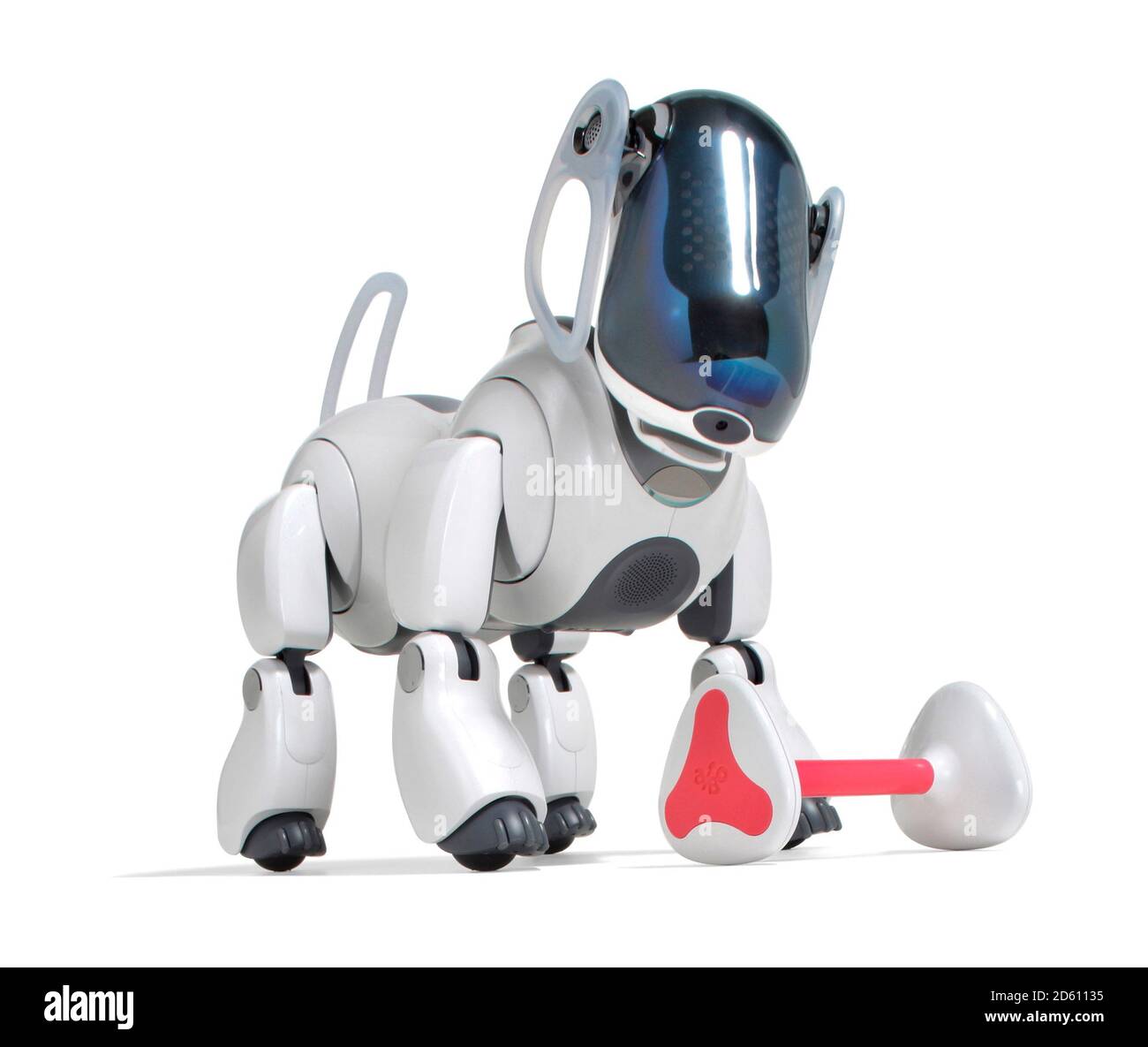 Sony Aibo robotic pet dog in black and white with toy dog bone photographed on a white background. Stock Photo