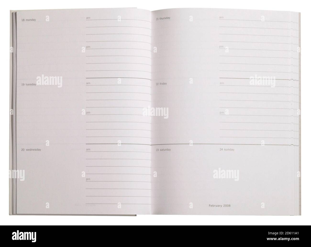 Inside pages of a weekly planner journal photographed on a white background Stock Photo
