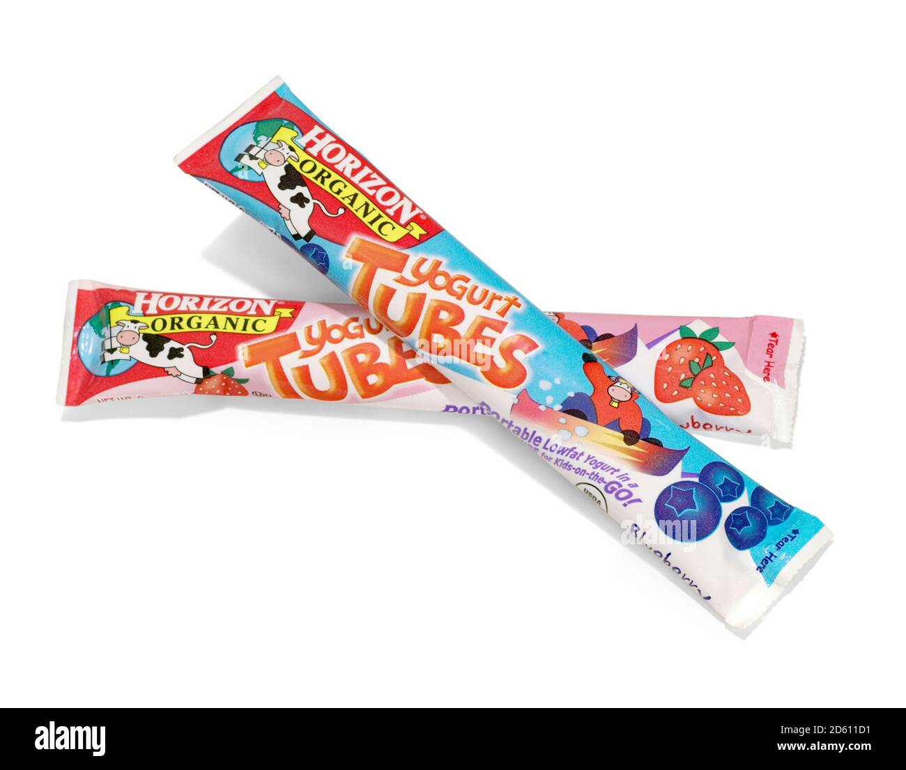 Two horizon organic strawberry and blueberry flavored yogurt tubes