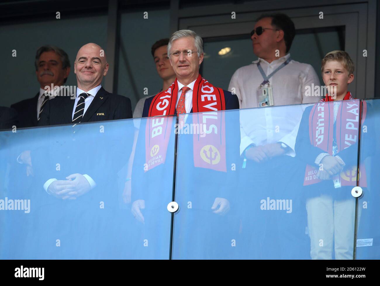 FIFA President Gianni Infantino (left) and King Philippe of Belgium with son Prince Emmanuel of Belgium in the stands Stock Photo