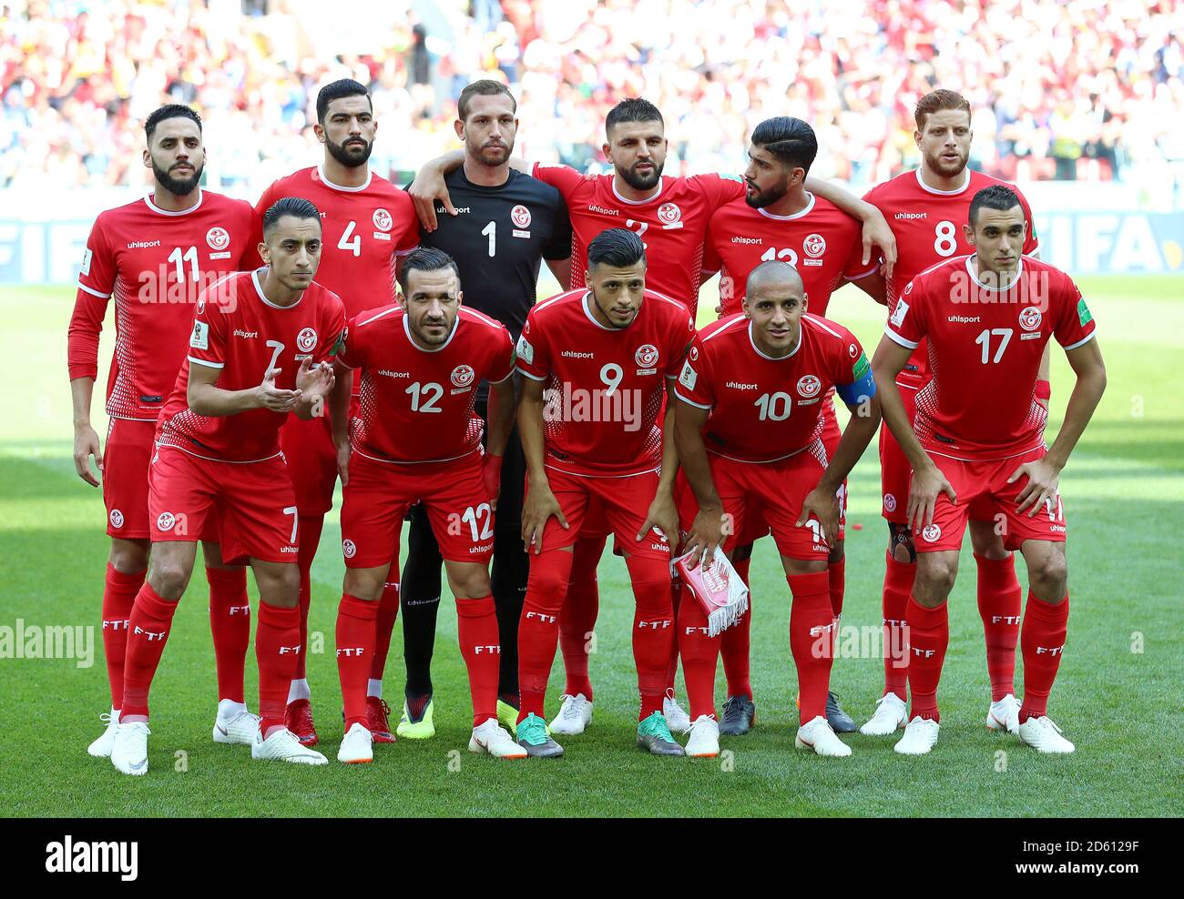 Left to right, Tunisia's Dylan Bronn, Yassine Meriah, Tunisia goalkeeper Farouk Ben Mustapha, Syam Ben Youssef, Ferjani Sassi and Fakhreddine Ben Youssef. Front row, left to right, Tunisia's Saif-Eddine Khaoui, Ali Maaloul,  Anice Badri, Wahbi Khazri and Ellyes Skhiri Stock Photo