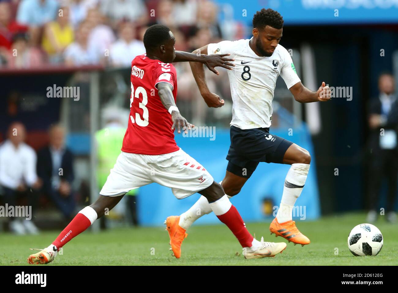 Denmark's Pione Sisto (left) and France's Thomas Lemar battle for the ball Stock Photo