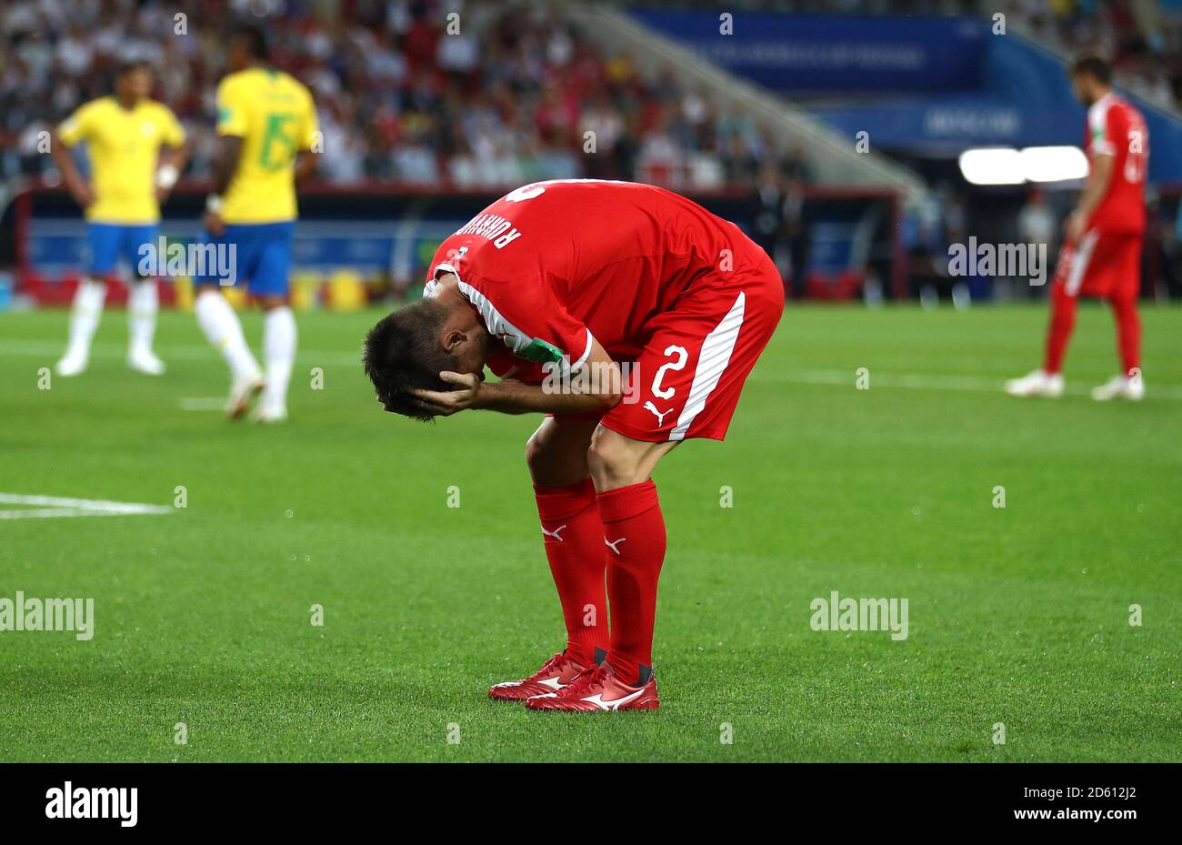 Serbia's Antonio Rukavina holds his head in his hands after picking up an injury Stock Photo