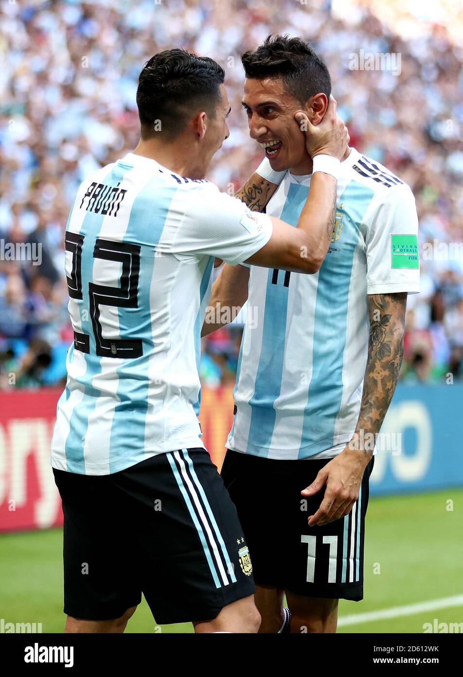 Argentina's Angel Di Maria (right) celebrates scoring his side's first goal of the game with team-mate Argentina's Cristian Pavon (left) Stock Photo