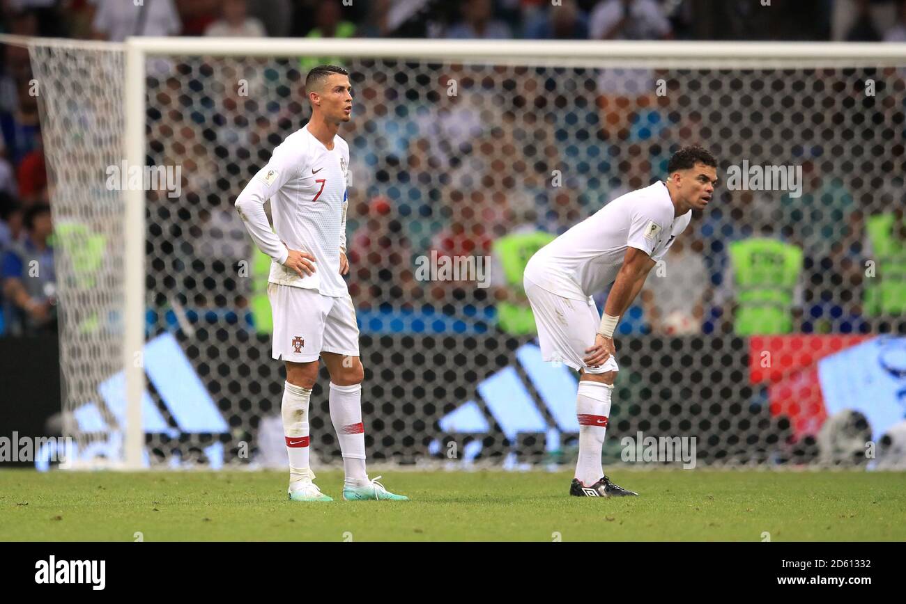 Portugal's Cristiano Ronaldo (left) and Pepe dejected after the game Stock Photo