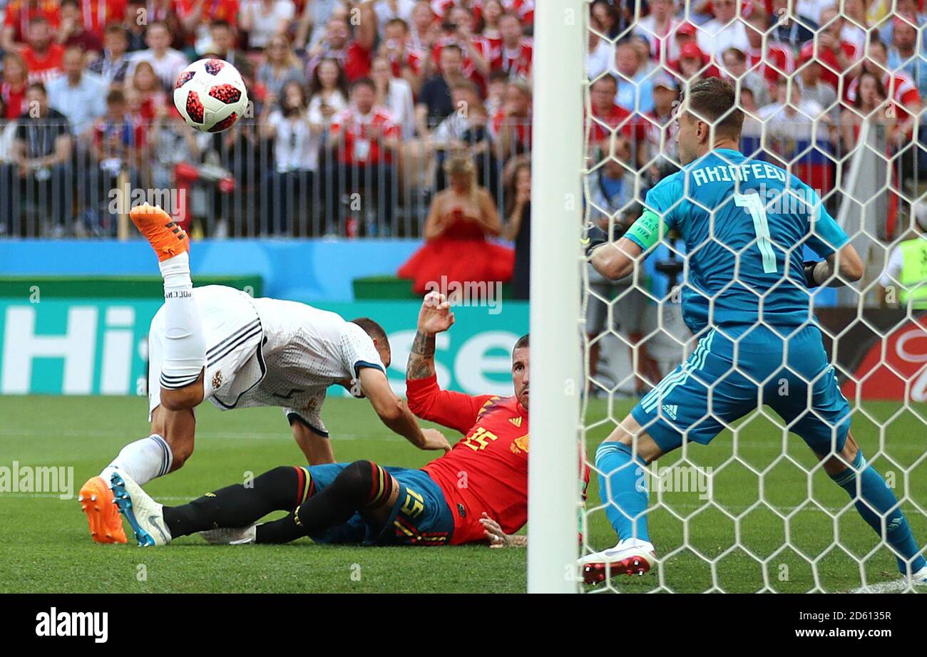 Russia's Sergei Ignashevich scores an own goal, Spain's first goal of the game, Stock Photo
