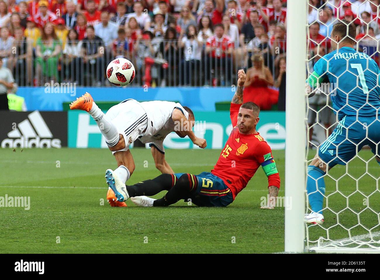 Russia's Sergei Ignashevich scores an own goal, Spain's first goal of the game,  Stock Photo