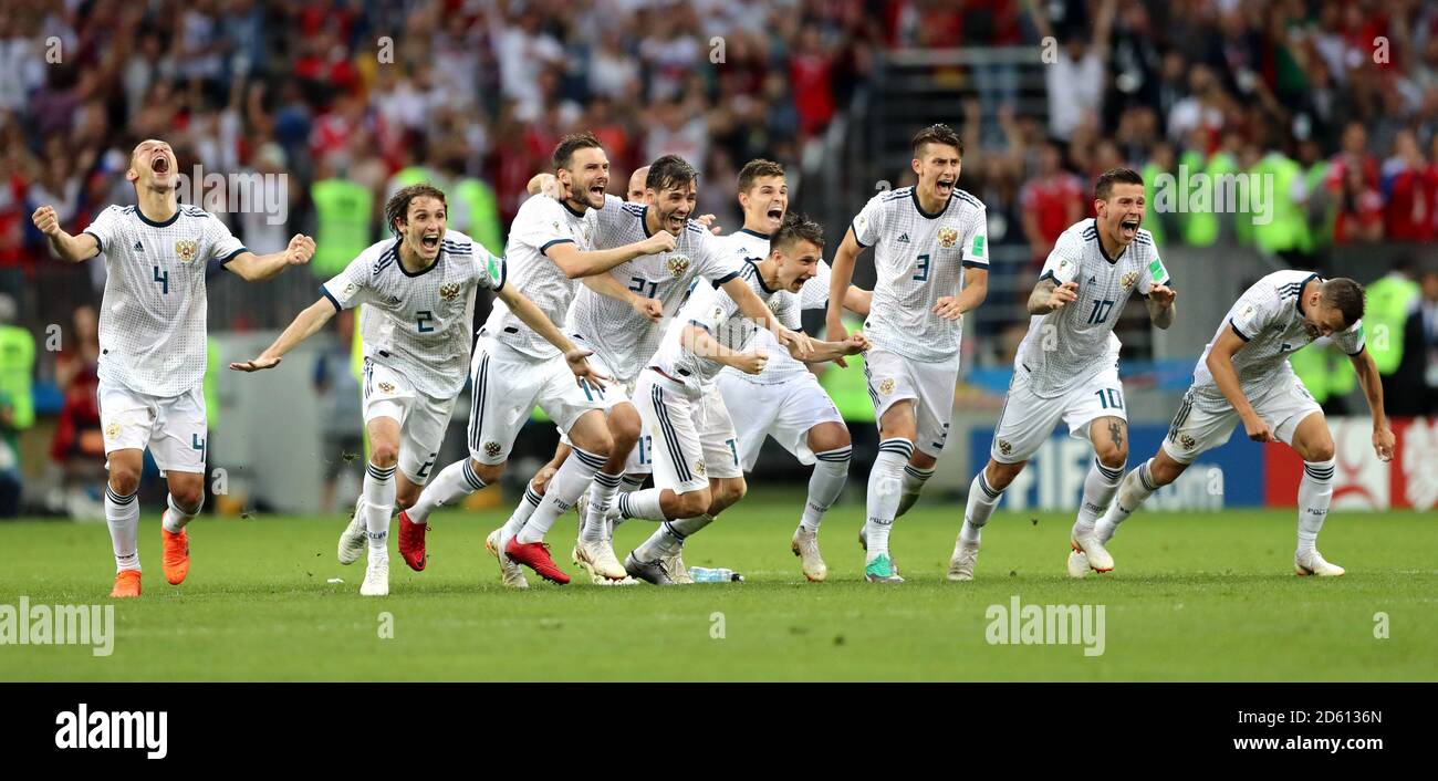 Russia's Sergei Ignashevich, Mario Fernandes, Vladimir Granat, Aleksandr Yerokhin, Aleksandr Golovin, Fyodor Kudryashov, Roman Zobnin, Ilya Kutepov, Fyodor Smolov and Denis Cheryshev celebrate defeating Spain 4-3 on penalties Stock Photo